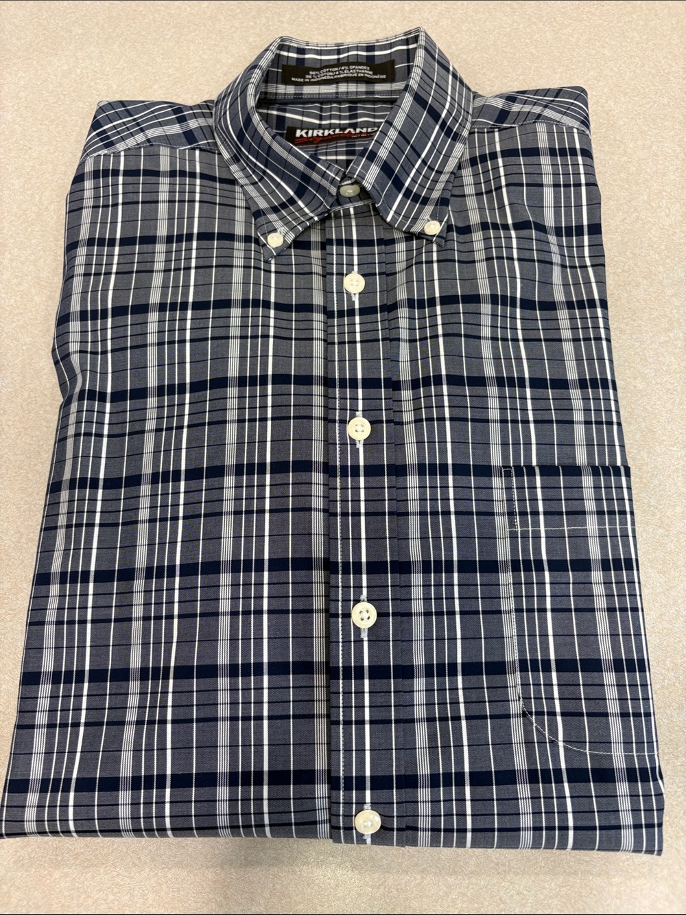Kirkland Signature Navy and White Plaid Button-Down Shirt